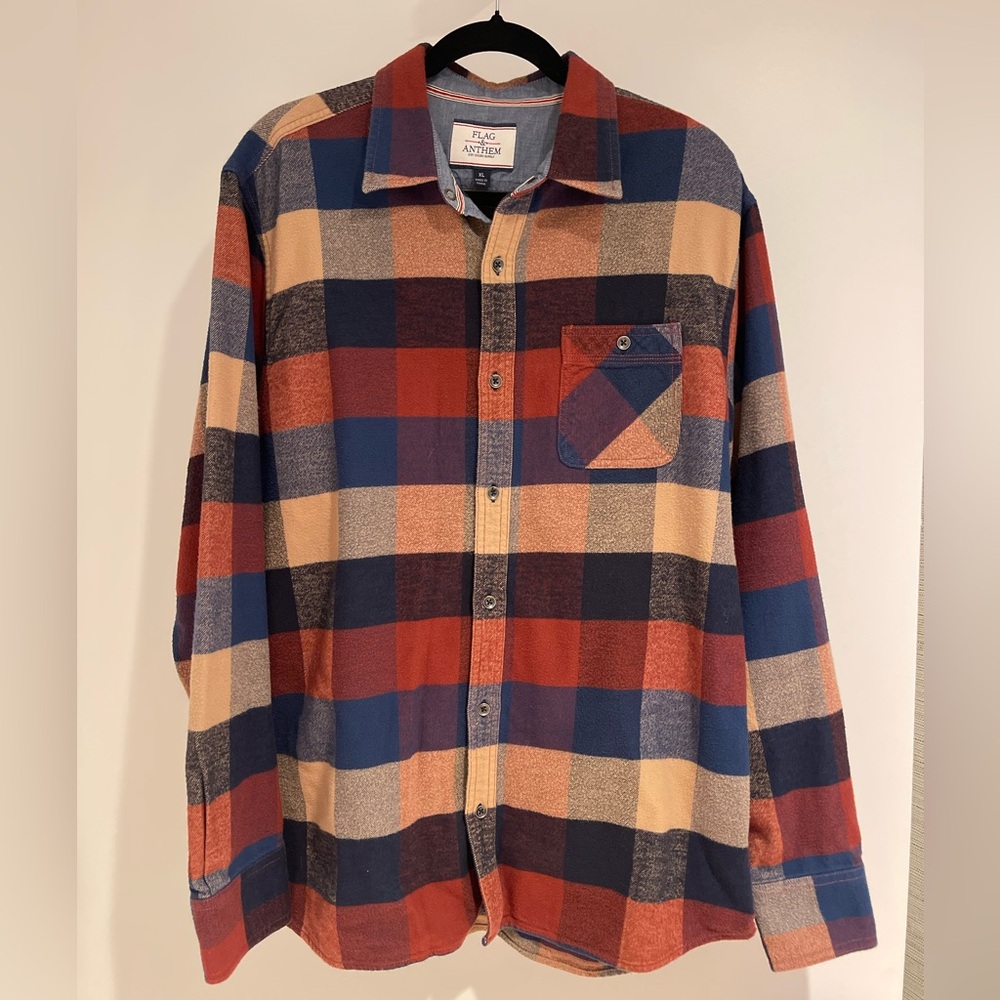 Flag & Anthem Plaid Button Down Shirt Men’s XL Red Blue Tan 100% Cotton